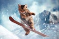 Cat Jumping Skier, Extreme Winter Sport Cats, Freestyle Skiing Kitty in Snow Mountains, Extreme Royalty Free Stock Photo