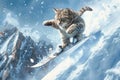 Cat Jumping Skier, Extreme Winter Sport Cats, Freestyle Skiing Kitty in Snow Mountains, Extreme Royalty Free Stock Photo