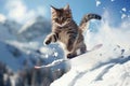 Cat Jumping Skier, Extreme Winter Sport Cats, Freestyle Skiing Kitty in Snow Mountains, Extreme Royalty Free Stock Photo