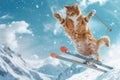 Cat Jumping Skier, Extreme Winter Sport Cats, Freestyle Skiing Kitty in Snow Mountains, Extreme Royalty Free Stock Photo