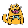 Cat keeps the joystick from the console. Vector illustration