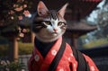 Cat in kimono. Portrait of cute pussycat in japanese costume. Generative AI.