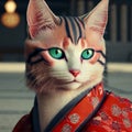 Cat in kimono. Portrait of cute pussycat in japanese costume. Generative AI.