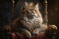 cat king in golden crown on throne. Generative AI illustration Royalty Free Stock Photo