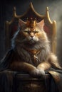 cat king in golden crown on throne. Generative AI illustration Royalty Free Stock Photo