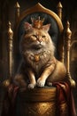 cat king in golden crown on throne. Generative AI illustration Royalty Free Stock Photo