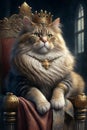 cat king in golden crown on throne. Generative AI illustration Royalty Free Stock Photo