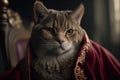Cat king in royal robe and crown on throne. Royalty Free Stock Photo