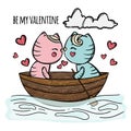 CAT KISS In Boat Hand Drawn Cartoon Vector Illustration Set Royalty Free Stock Photo