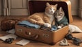 cat and kitten A comical scene where a cat and kitten are napping in an open suitcase, with clothes and travel items Royalty Free Stock Photo