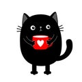 Cat kitten holding coffee cup heart. Sad grumpy bad emotion face. Cute cartoon kitty character. Kawaii funny animal. Good morning