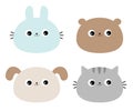 Cat kitten kitty, bear, dog puppy, rabbit bunny hare face icon set. Kawaii animal. Cute cartoon character. Funny baby. Love card. Royalty Free Stock Photo