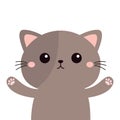 Cat kitten, kitty. Cute face head, hands with pink paw print. Cartoon kawaii funny baby character. Kids collection. Sticker print