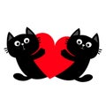 Cat kitten kitty family couple holding big red heart. Happy Valentines Day. Cute cartoon kawaii funny animal character. Flat Royalty Free Stock Photo