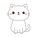 Cat kitten sitting. Face head line contour silhouette icon. Funny kawaii smiling doodle animal. Pink cheeks, tongue, ears. Cute