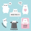 Cat kitten sticker emotion emoji icon set. Miss you. Hi. Good night, love you. Funny head face. Cute cartoon character. Magic hat. Royalty Free Stock Photo