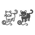 Cat, Kitty Plays With Clew Line And Solid Icon, Pets Concept, Kitten And Yarn Ball Vector Sign On White Background