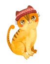 Cat in a knitted hat. Cute kitten character. Mascot of goods for pets.