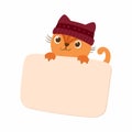 Cat in a knitted hat with empty banner. Cute kitten character. Mascot of goods for pets.