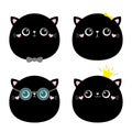 Cat ktten face icon set. Kids print poster, t-shirt. Cute black kawaii kitty animal. Crown, glassess, bow, sunglasses. Cartoon