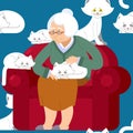 Cat lady pattern. Grandmother and cat sitting on chair pattern. Royalty Free Stock Photo
