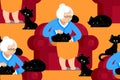 Cat lady pattern. Grandmother and cat sitting on chair pattern. Royalty Free Stock Photo