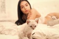 Cat and lady. Play with kitty. Gorgeous attractive girl relax with cute kittens. Woman perfect body and cat. Sexy model