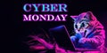 Cat with Laptop, black friday and cyber monday sale concept. Seasonal shopping sales and discounts. Banner, postcard Royalty Free Stock Photo
