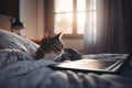 Cat laptop freelancer sitting at bed. Generate Ai