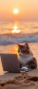 Cat with laptop mining Bitcoin, seaside sunrise, laidback, vacation earnings , close-up Royalty Free Stock Photo