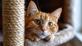 A cat laying on top of a scratching post looking at the camera, AI Royalty Free Stock Photo