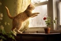 cat leaping towards mouse on windowsill