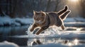 Majestic Tabby Cat Leaping Across Icy Winter Stream at Sunset Royalty Free Stock Photo