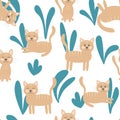 Cat and leaves, seamless pattern vector illustration.