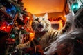 A cat left alone at home wreaks havoc in a room decorated for Christmas Royalty Free Stock Photo