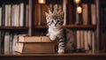 cat in a library A charming kitten with a mock serious expression, wearing a paper crown