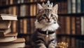 cat in a library A charming kitten with a mock serious expression, wearing a paper crown and a string of costume pearls