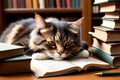 the cat lies on a book in the library Royalty Free Stock Photo