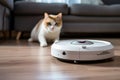 cat lies on the floor next to the white robot vacuum cleaner