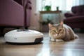 cat lies on the floor next to the white robot vacuum cleaner