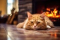 The cat lies near the fireplace. Cozy warm home. Close up. Generative Ai Royalty Free Stock Photo