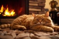 The cat lies near the fireplace. Cozy warm home. Close up. Generative Ai Royalty Free Stock Photo