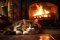 The cat lies near the fireplace. Cozy warm home. Close up. Generative Ai Royalty Free Stock Photo