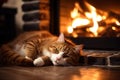 The cat lies near the fireplace. Cozy warm home. Close up. Generative Ai Royalty Free Stock Photo