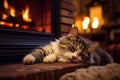 The cat lies near the fireplace. Cozy warm home. Close up. Generative Ai Royalty Free Stock Photo