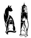 cat and lighthouse tower black and white vector design set