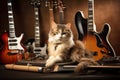 cat like as rock star posing for album cover photo shoot, with guitars and other instruments in the background Royalty Free Stock Photo
