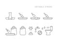 Cat litter set for packaging design. Line art icons, basic instruction. Toilet, tray, scoop, pet, poop, stench, paw, bag. Black