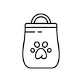 Cat litter toilet or dog food package icon. Linear bag with handle and paw print logo. Black illustration of pet products. Contour