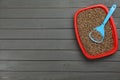 Cat litter tray with filler and scoop on grey wooden floor, top view. Space for text Royalty Free Stock Photo